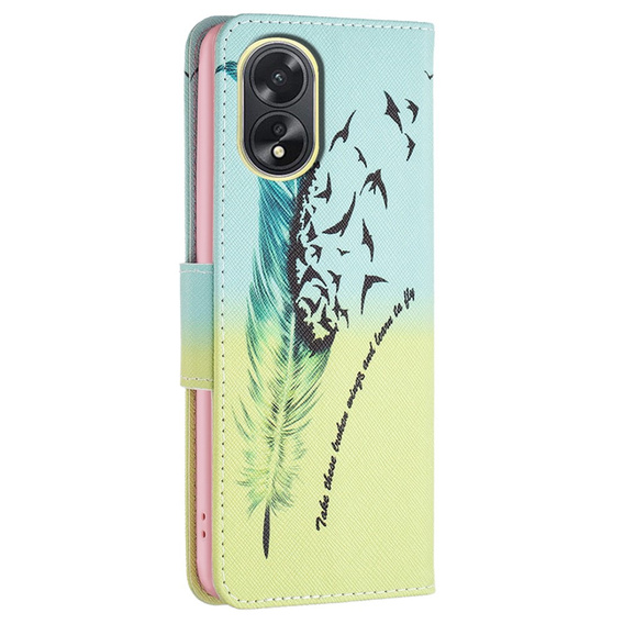 Pattintható tok a Oppo A38 4G / Oppo A18 4G, Wallet, Feather kék / sárga