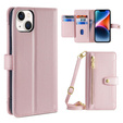 Pattintható tok a iPhone 14, Wallet Zipper Pocket, rózsaszín