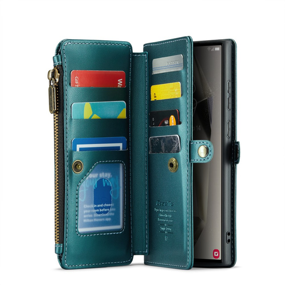 Tok CASEME Samsung Galaxy S25 Ultra, RFID Leather Wallet, vállpánttal, zöld