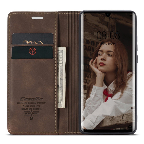 CASEME tok Huawei P30 Pro, Leather Wallet Case, sötétbarna