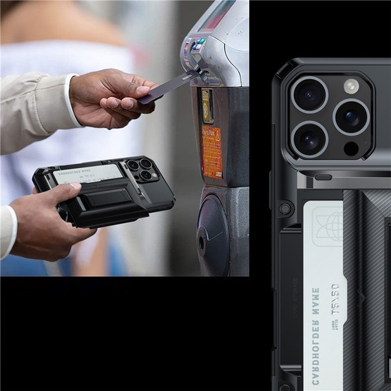 TPU + PC páncél tok kártyatartóval, fekete iPhone 16 Pro Max készülékekhez