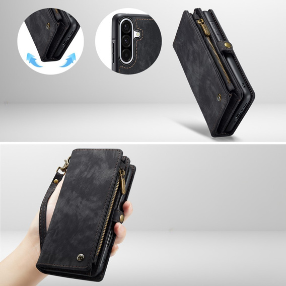 CASEME tok Samsung Galaxy A56 5G, Retro Leather Wallet, szíjjal, fekete