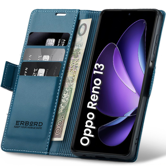 Tok Oppo Reno 13, ERBORD Glossy Litchi, pénztárca patenttal, kék