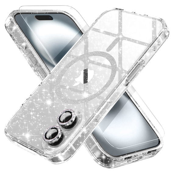 Tok iPhone 16-hoz, ERBORD Glitter MagSafe, átlátszó + képernyőüveg