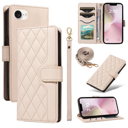 Flap tok iPhone 16E, Rhombus Crossbody Leather, bézs színű