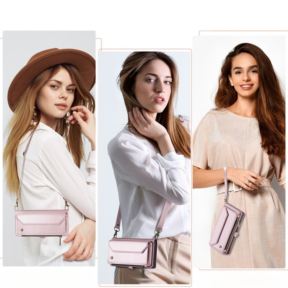 Tok CASEME Samsung Galaxy A56 5G, RFID Leather Wallet, vállpánttal, rózsaszín