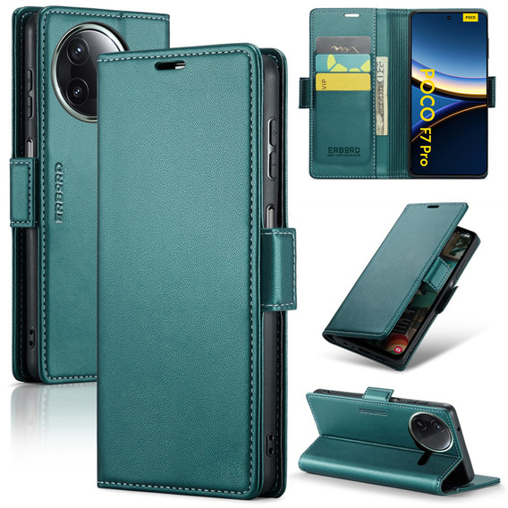Tok Xiaomi Poco F7 Pro, ERBORD Glossy Litchi, pénztárca patenttal, zöld