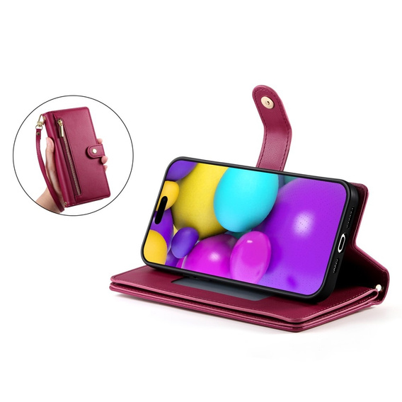 Pattintható tok a iPhone 16, Wallet Zipper Pocket, piros
