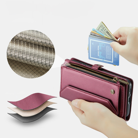 Tok CASEME Samsung Galaxy S25 FE, RFID Leather Wallet, vállpánttal, piros