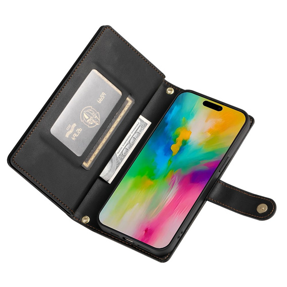 Pattintható tok a iPhone 16 Pro, Wallet Zipper Pocket, fekete