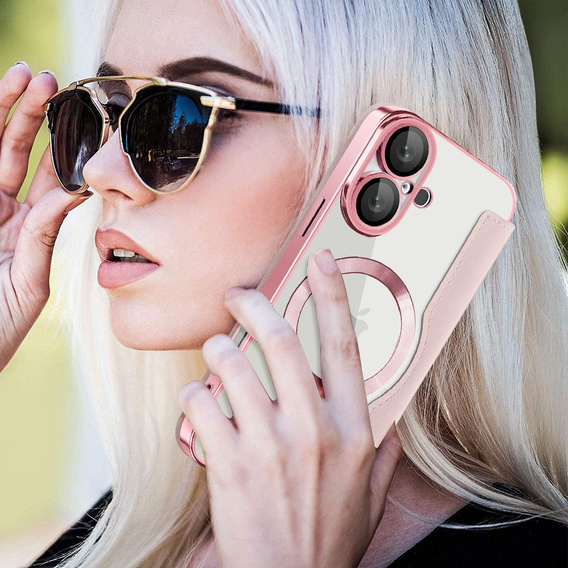 Pattintható tok a iPhone 16, RFID Wallet MagSafe CamShield, rózsaszín