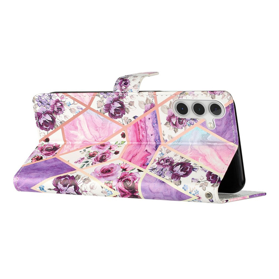 Pattintható tok a Samsung Galaxy A25 5G, Wallet, marble & flowers, rózsaszín + 9H üveg