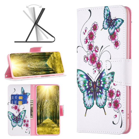 Pattintható tok a Xiaomi Redmi Note 13 5G, Wallet, Butterflies & Flowers fehér
