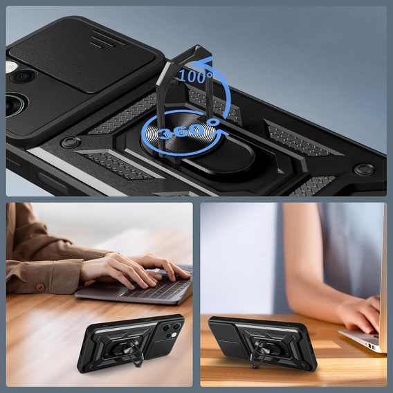 Páncélozott tok Oppo Reno 14F-hez, kameravédelemmel, állvánnyal, fekete