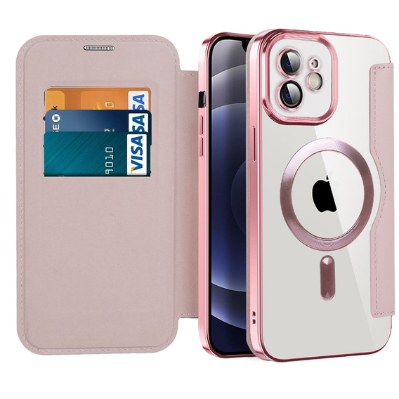 Pattintható tok a iPhone 12, RFID Wallet MagSafe CamShield, rózsaszín
