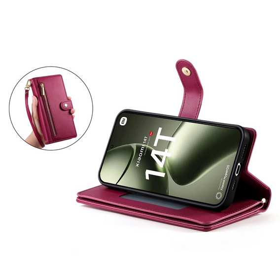 Pattintható tok a Xiaomi 14T, Wallet Zipper Pocket, piros