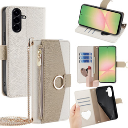 Flip tok Samsung Galaxy A56 5G, Wallet Zipper Pocket, tükörrel, fehér