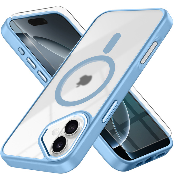 Tok iPhone 16-hoz, MagSafe, ERBORD Matt Case, átlátszó / kék + képernyőüveg