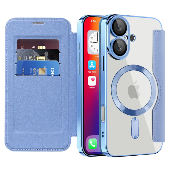 Pattintható tok a iPhone 16, RFID Wallet MagSafe CamShield, kék