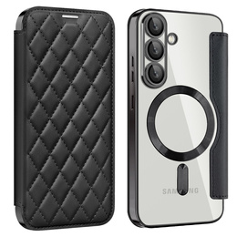 Pattintható tok a Samsung Galaxy S25, RFID Rhombus Wallet MagSafe CamShield, fekete