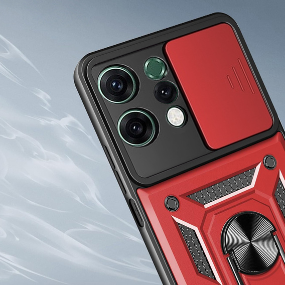 Páncélozott tok Oppo Reno 14 készülékhez, kameravédelemmel, állvánnyal, piros színű