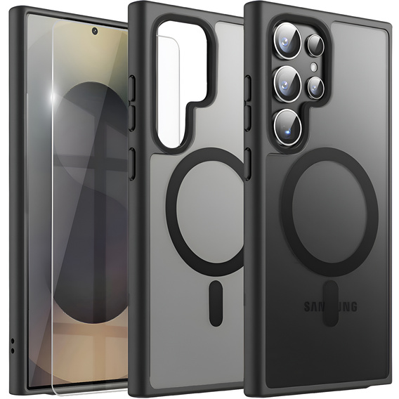 Tok Samsung Galaxy S25 Ultra-hoz, MagSafe, ERBORD Matt Case, fekete + képernyőüveg