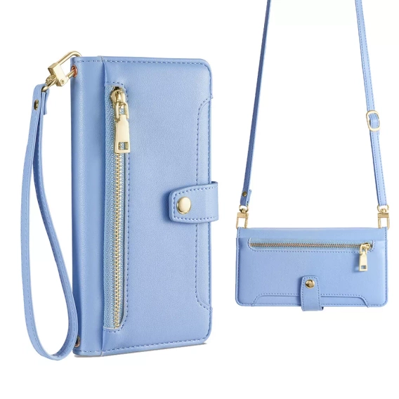Pattintható tok a iPhone 16E, Wallet Zipper Pocket, kék
