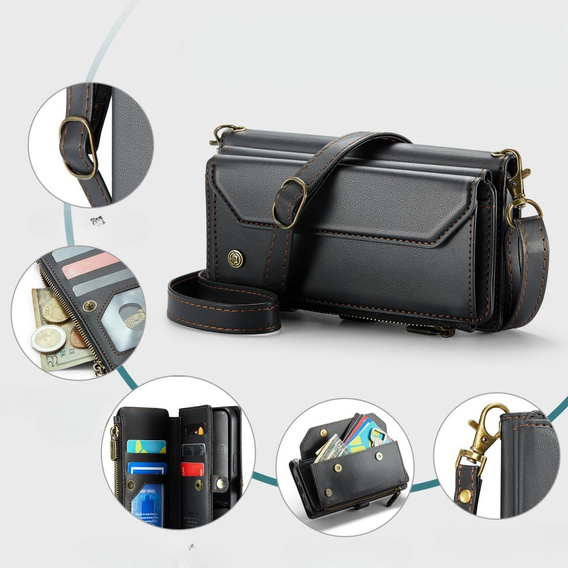 Tok CASEME iPhone16e, RFID Leather Wallet, vállpánttal, fekete
