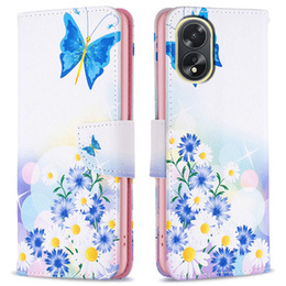 Pattintható tok a Oppo A38 4G / Oppo A18 4G, Wallet, Butterfly & Flowers fehér