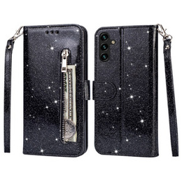 Pattintható tok a Samsung Galaxy A35 5G, Wallet Zipper Pocket Glittery, fekete