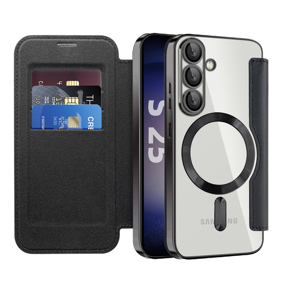 Pattintható tok a Samsung Galaxy S25, RFID Wallet MagSafe CamShield, fekete