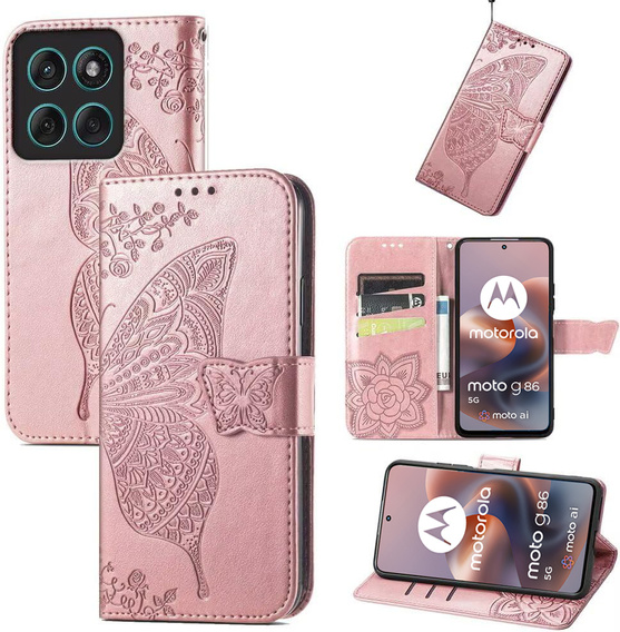 Pattintható tok a Motorola Moto G86 5G, Butterfly, rózsaszín rose gold