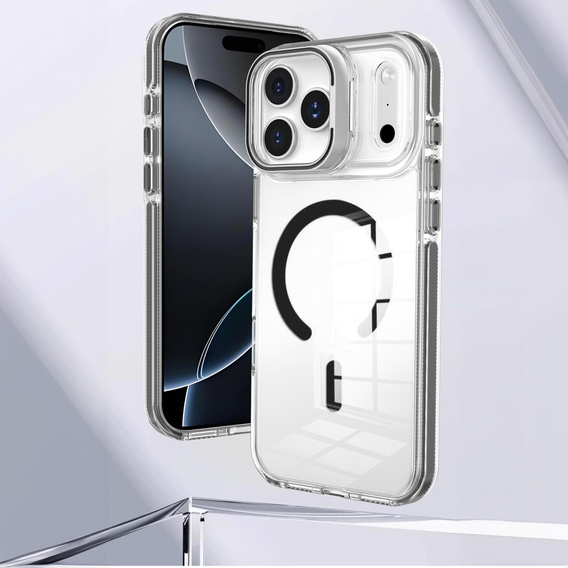 Tok iPhone 17 Pro Max készülékhez, MagSafe, állvánnyal, átlátszó, fekete betétekkel