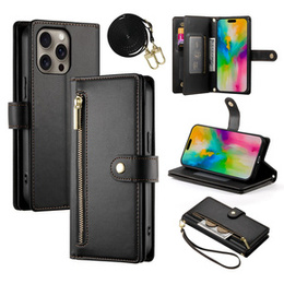 Pattintható tok a iPhone 16 Pro, Wallet Zipper Pocket, fekete