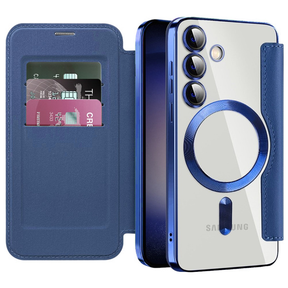Pattintható tok a Samsung Galaxy S24+ Plus, RFID Wallet MagSafe CamShield, sötétkék