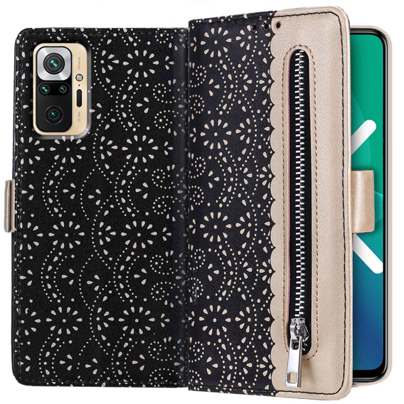 Flap tok Xiaomi Redmi Note 10 Pro / Pro Max, Wallet Pocket Zipper Lace, fekete