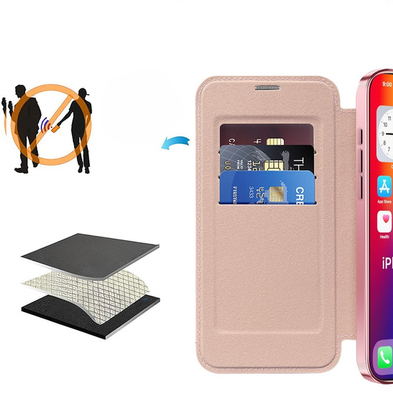 Pattintható tok a iPhone 16 Pro Max, RFID Wallet MagSafe CamShield, rózsaszín