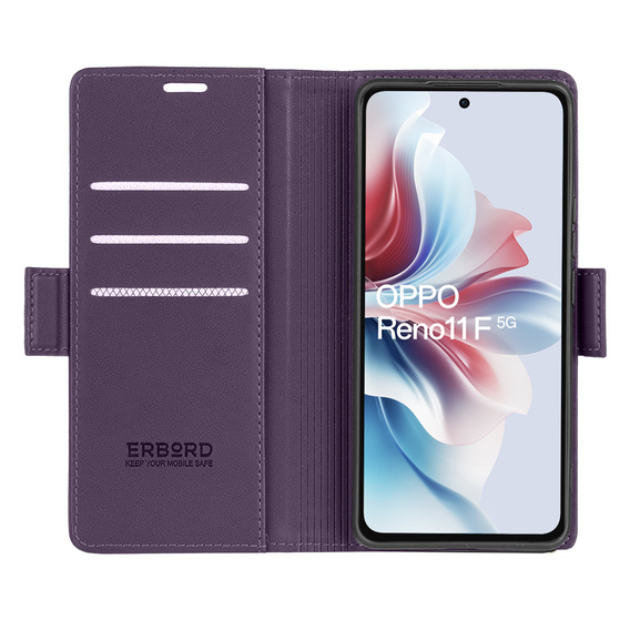 Tok Oppo Reno 11F, ERBORD Glossy Litchi, pénztárca patenttal, lila