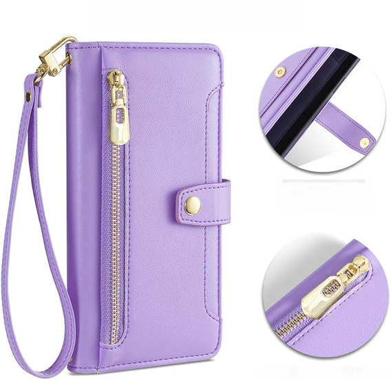 Pattintható tok a iPhone 16E, Wallet Zipper Pocket, lila