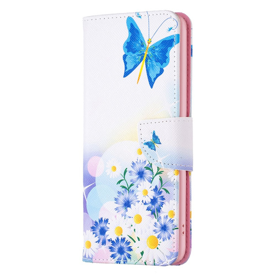 Pattintható tok a Samsung Galaxy A55 5G, Wallet, Butterfly & Flowers, fehér