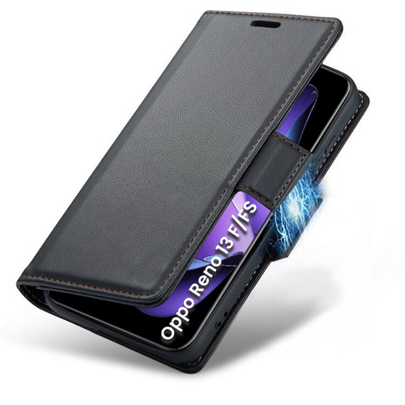 Tok Oppo Reno 13F / Oppo Reno 13FS, ERBORD Glossy Litchi, pénztárca patenttal, fekete