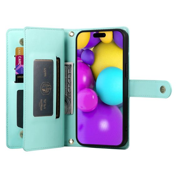 Pattintható tok a iPhone 16, Wallet Zipper Pocket, zöld