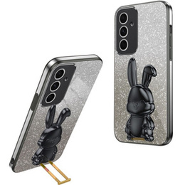 Tok Samsung Galaxy A54 5G, Glitter Rabbit, kihúzható állvánnyal, fekete