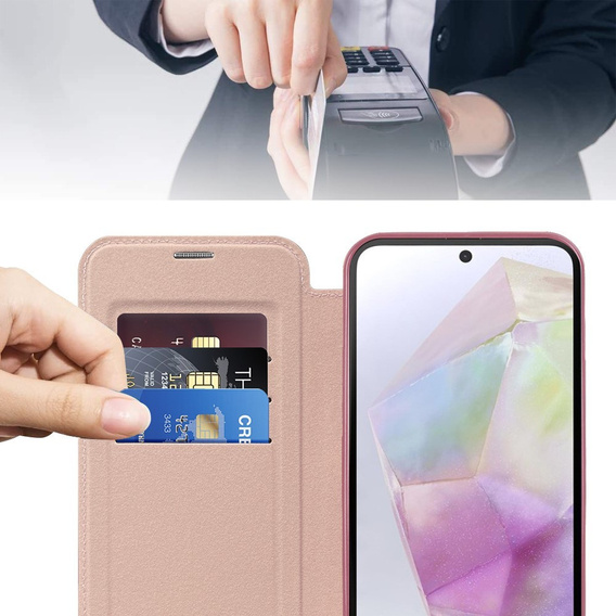 Pántos tok Samsung Galaxy A17 5G, RFID pénztárca, MagSafe, átlátszó / rózsaszín