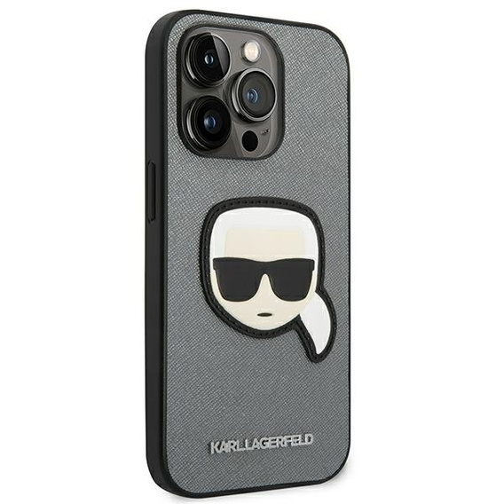 Karl Lagerfeld Telefontok a iPhone 14 Pro, Saffiano Karl's Head Patch, ezüst