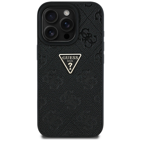 Guess Grained Hot Stamp 4G háromszög alakú fém tok iPhone 16 Pro Max készülékhez