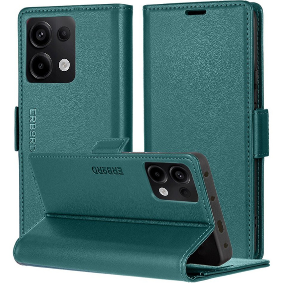 Tok Xiaomi Redmi Note 13 Pro 4G / Xiaomi Redmi Note 14S / Xiaomi Poco M6 Pro 4G, ERBORD Glossy Litchi, pénztárca patenttal, zöld