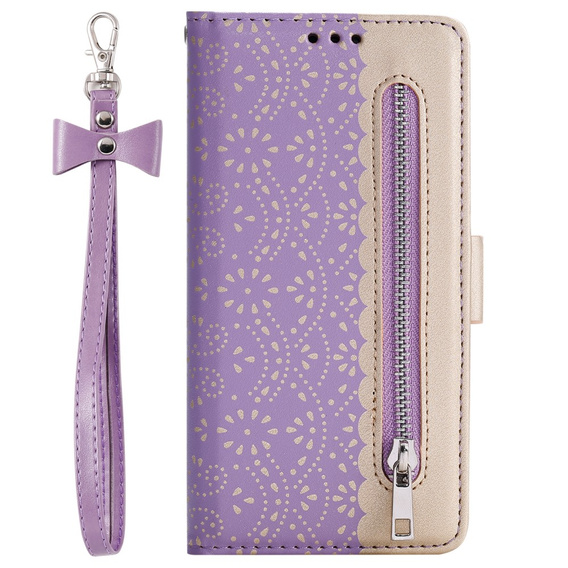 Flap tok Samsung Galaxy A35 5G, Wallet Pocket Zipper Lace, lila