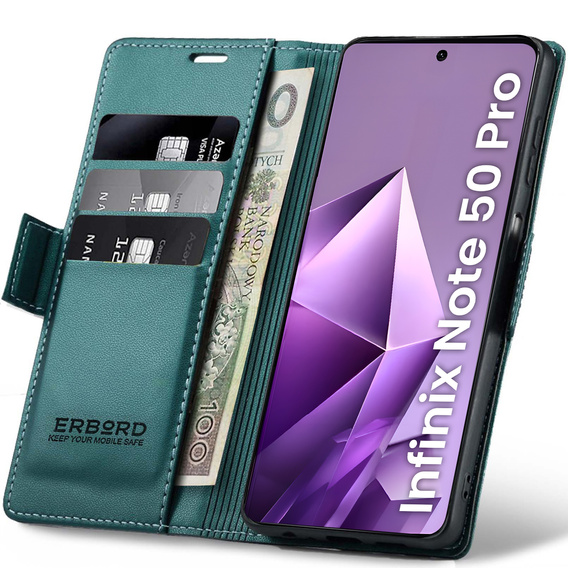 Tok Infinix Note 50 Pro, ERBORD Glossy Litchi, pénztárca patenttal, zöld