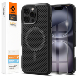 Spigen tok iPhone 16 Pro készülékhez, Core Armor MagSafe, fekete + 9H edzett üveg